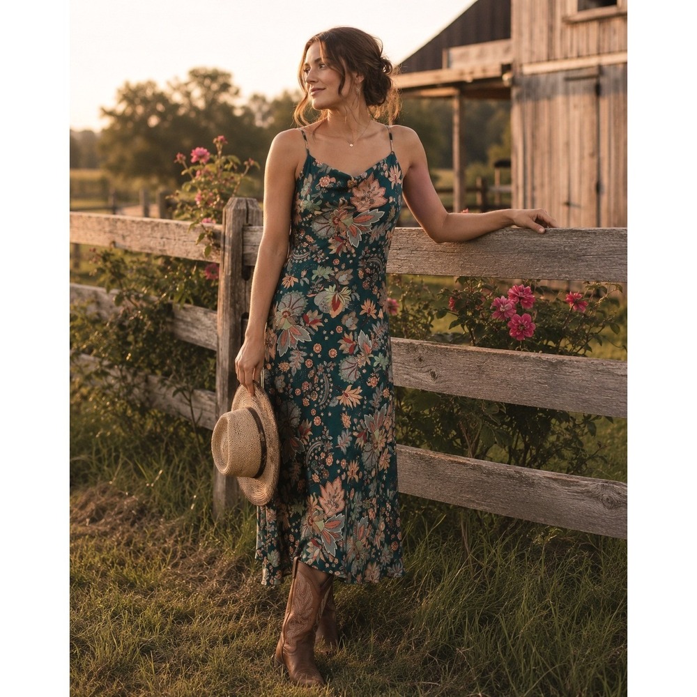 Paper Heart Green Floral Midi Slip Dress Cowl Neck Womens Medium Romantic Boho